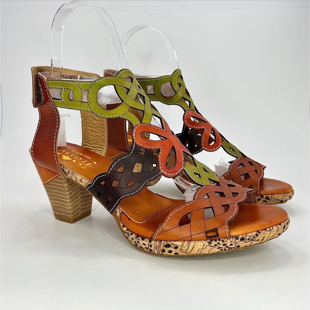 L'Artiste Spring Step Imani Hand Painted Leather Sandals Orange Multi 10 41 NIB
